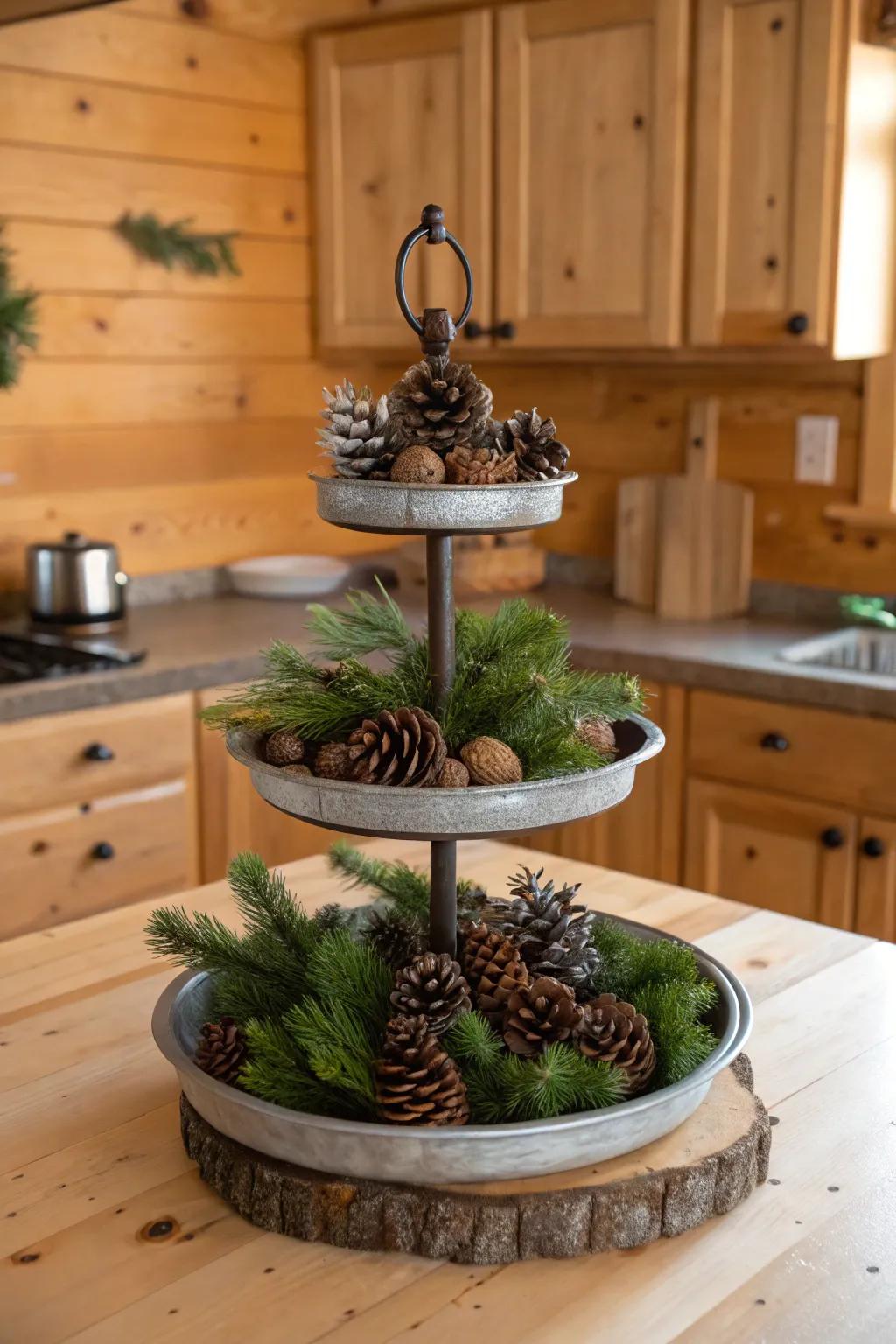 Woodland elegance featuring fir cones and greenery on a multi-level display.