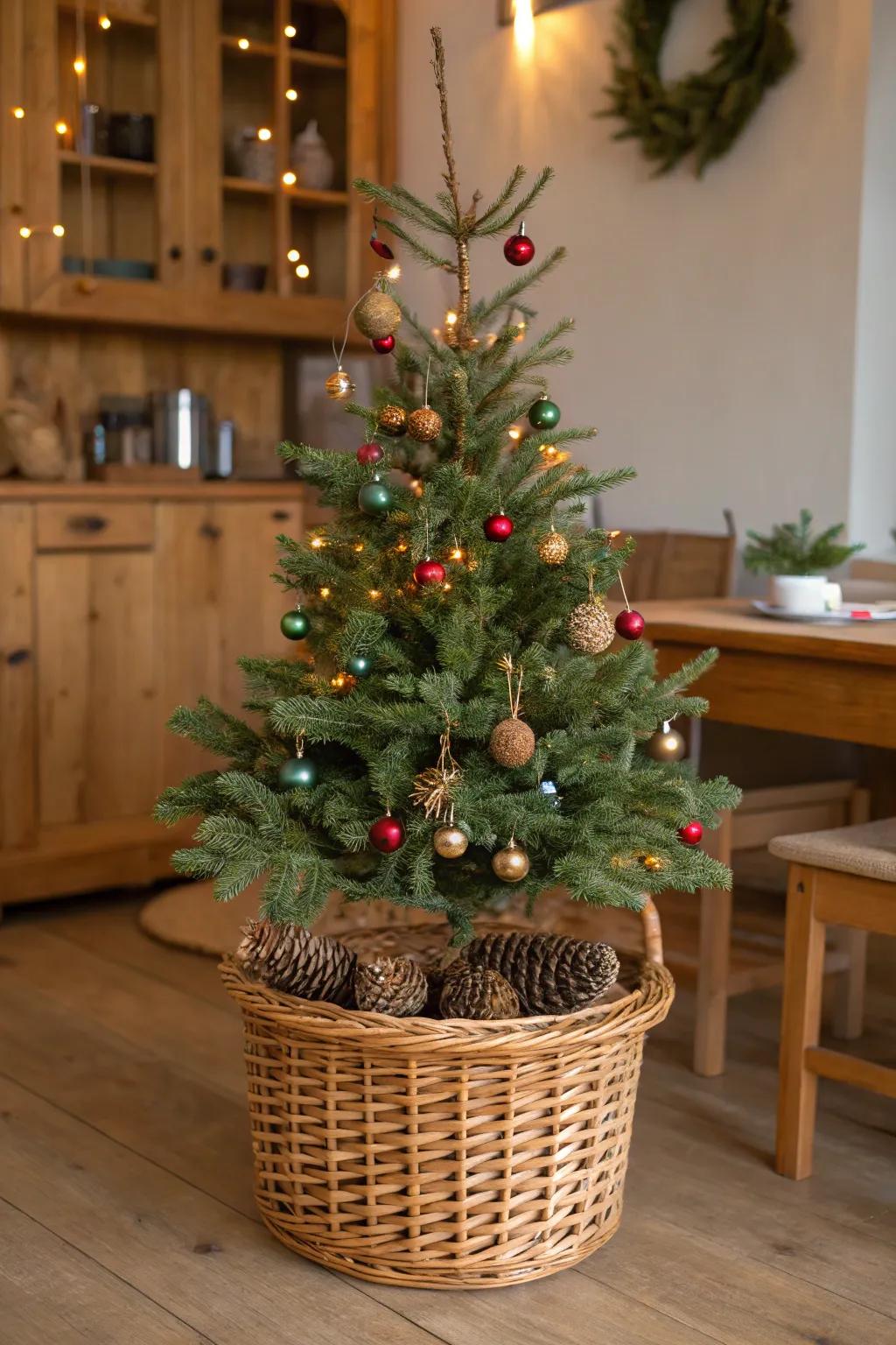 A woven basket gives your tree base a rustic charm.