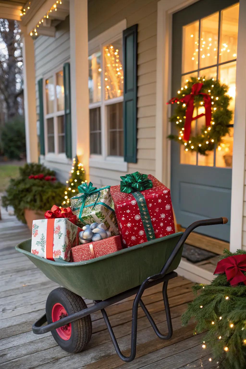 A builder's cart transformed into a festive showcase for wrapped gifts.