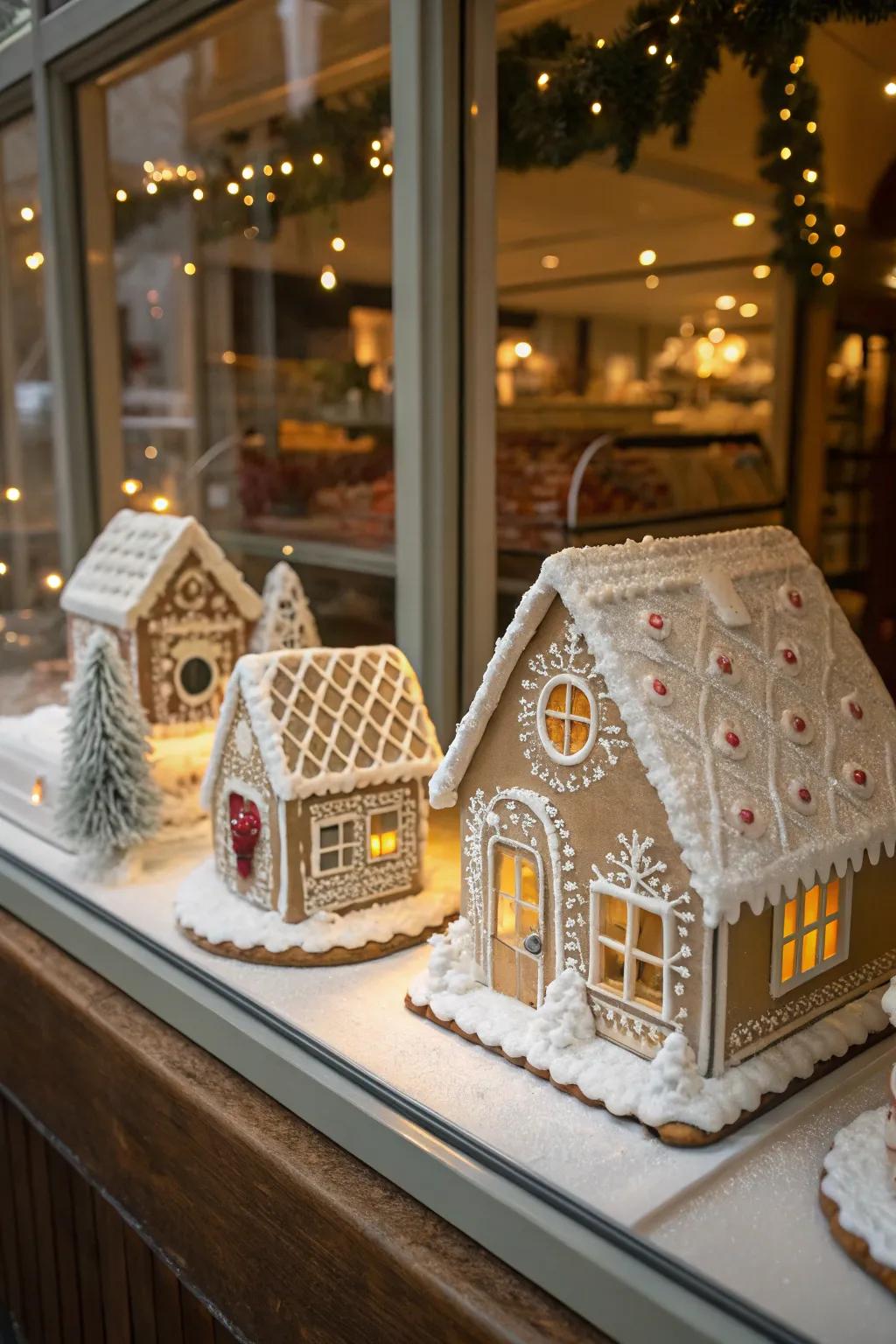 Enchanting confectionery residences fashion a sweet and inviting window tableau.