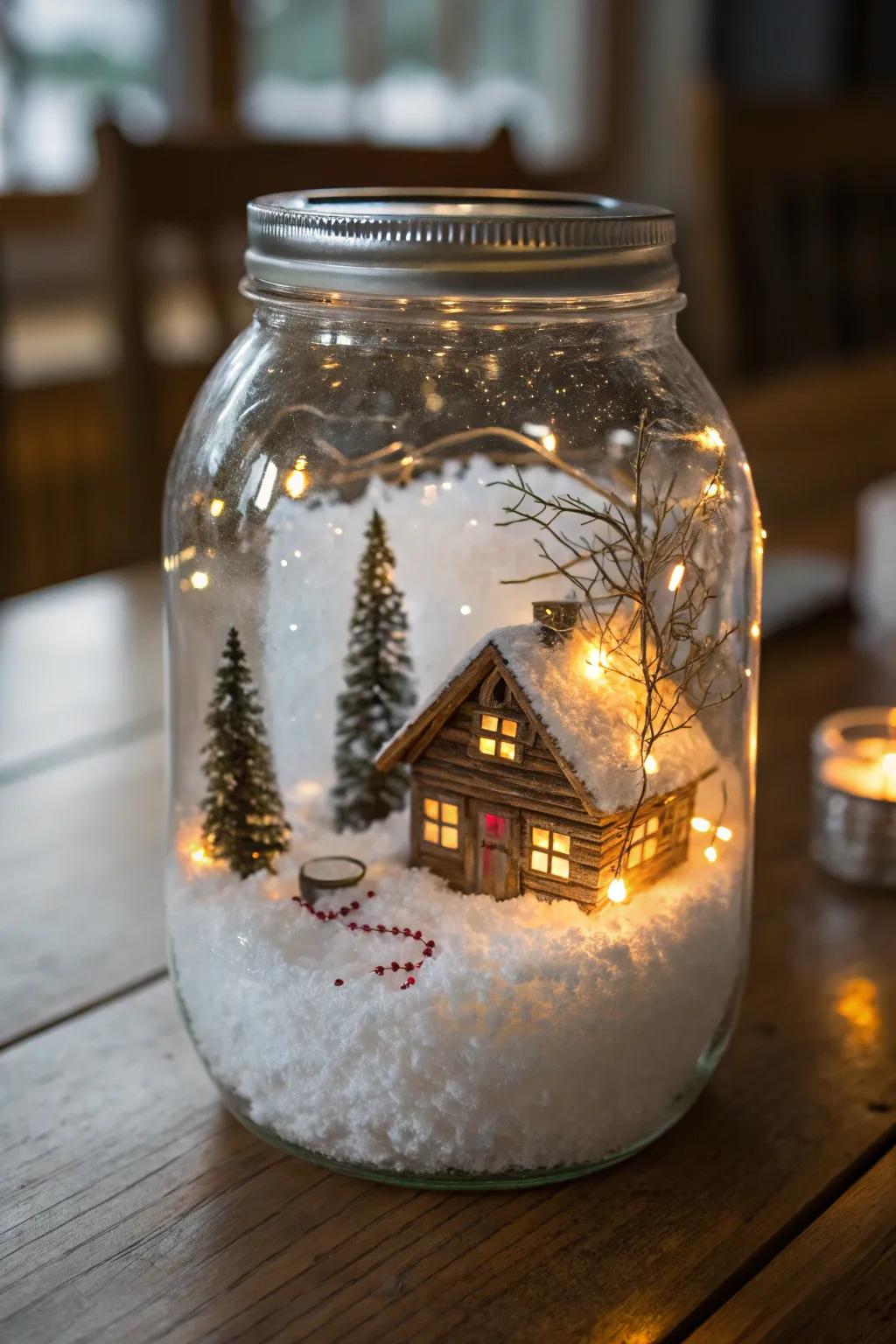 An inviting and pleasant cabin scene encased in glassware.