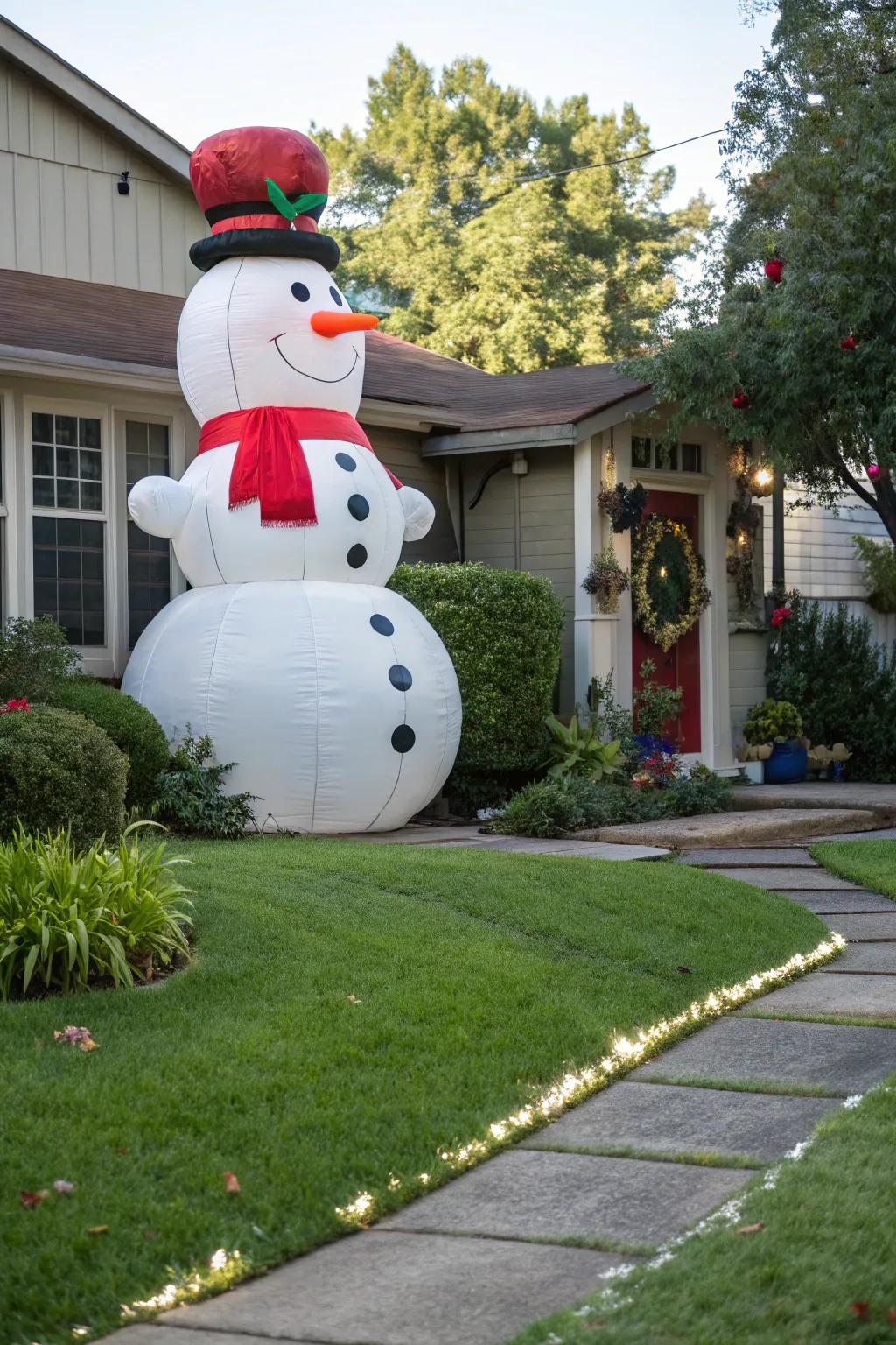 A cheerful inflatable snowman standing in a residential front yard.