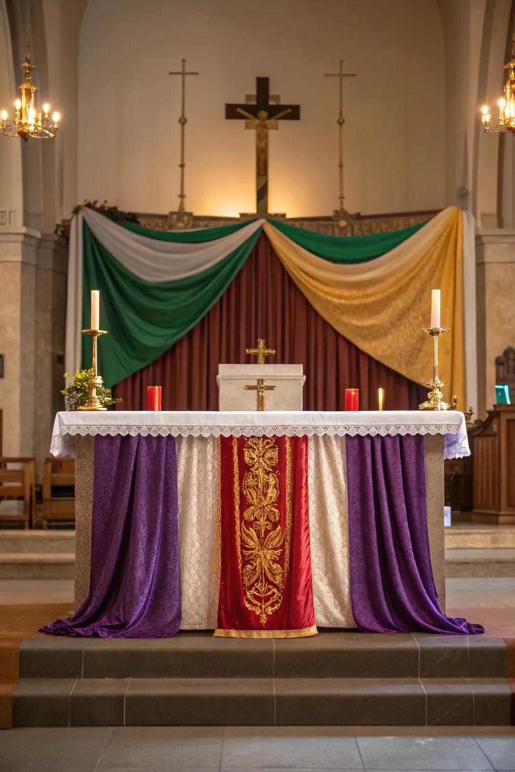An altar beautifully adorned with refined, flowing fabric in liturgical colors.