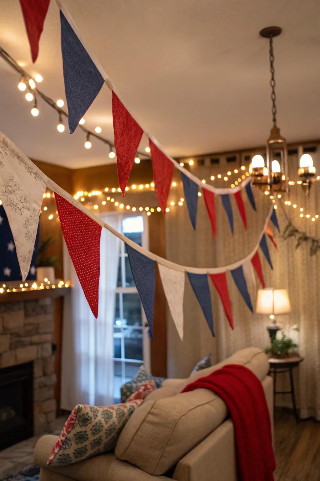 Custom-made flag banners introduce a personal detail to the decorations.