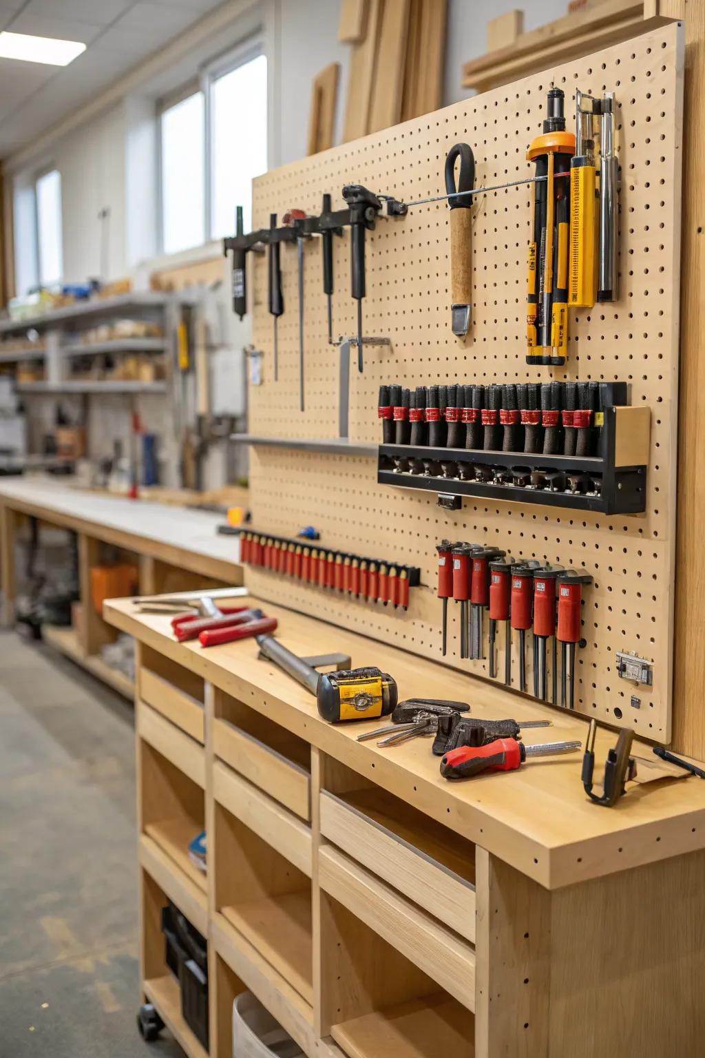 Pegboards offer customizable and flexible clamp storage solutions.