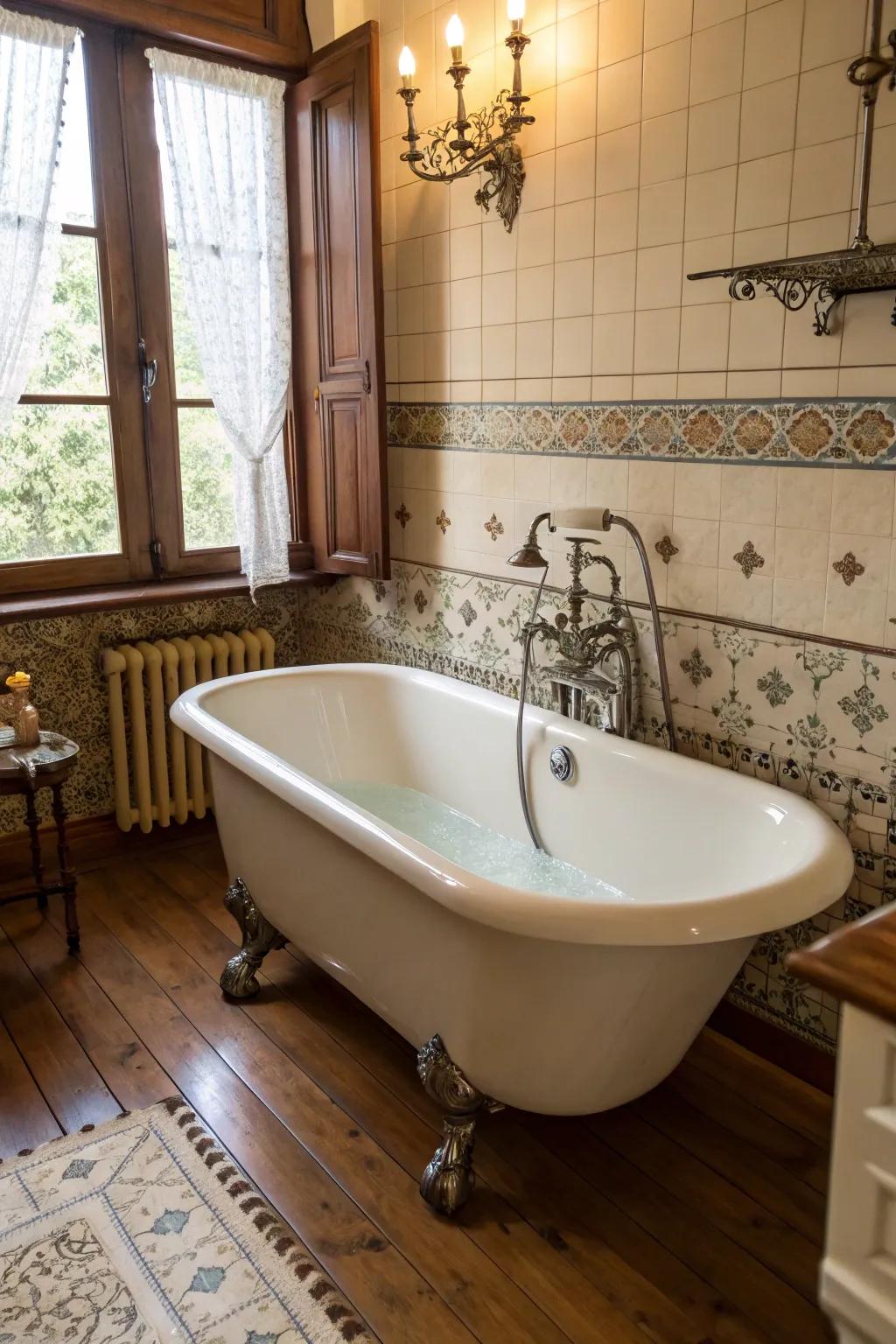 A lavish freestanding clawfoot bathtub serves as the room's main attraction.