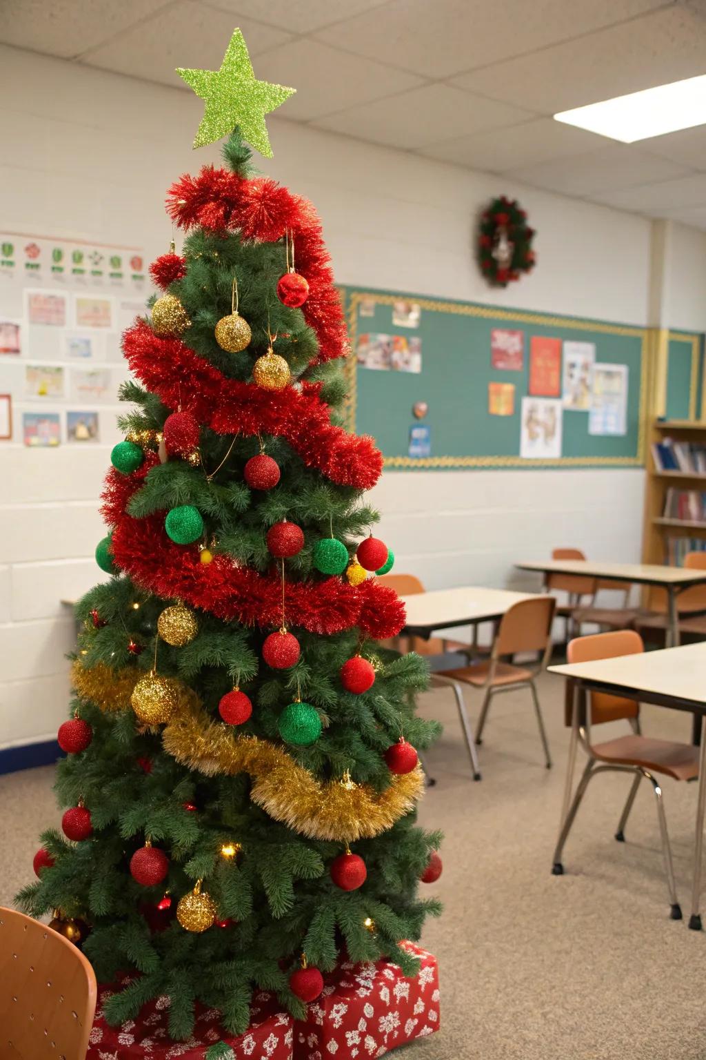 A lively fluffy ball-adorned Christmas tree