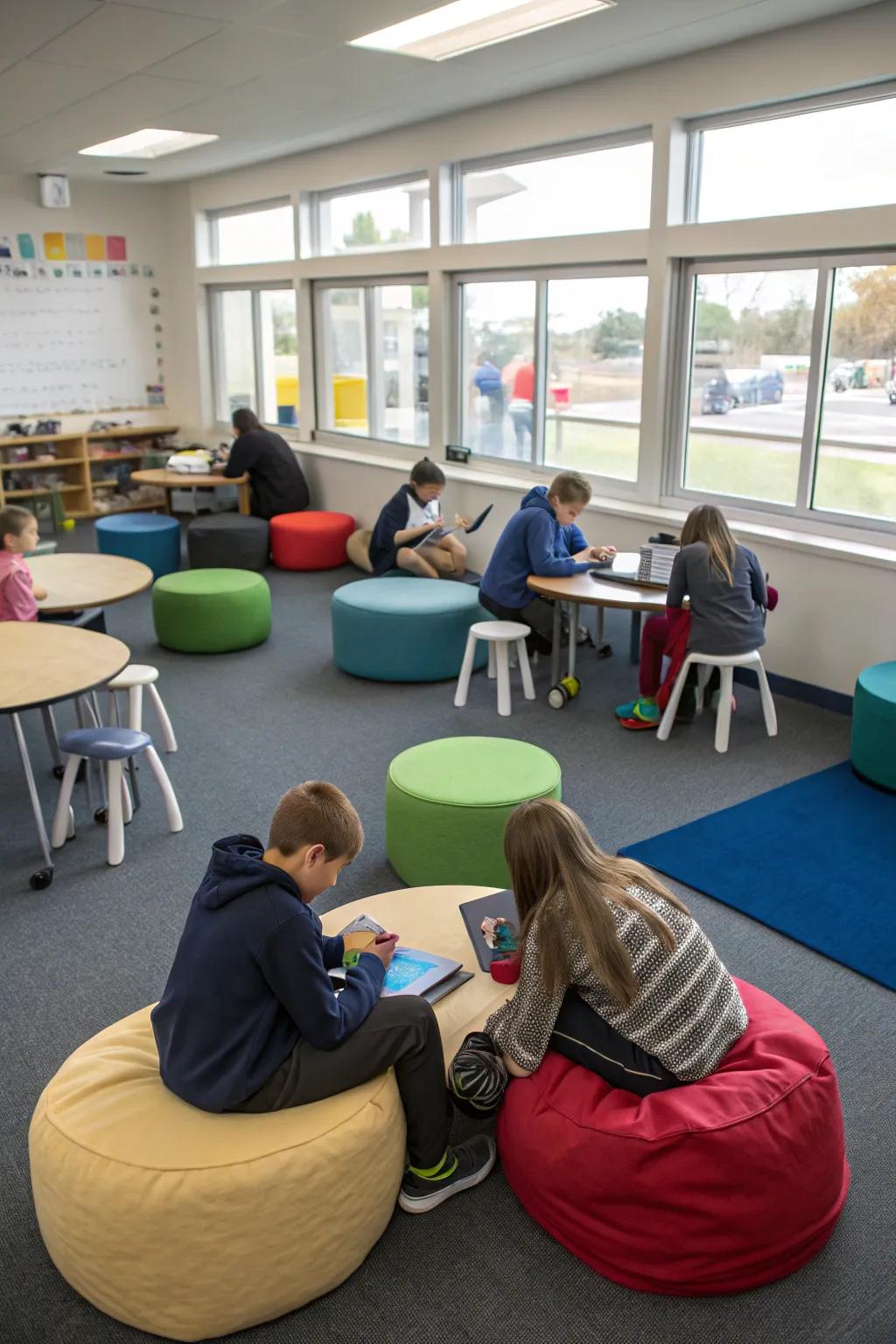 Adaptable seating promotes teamwork and relaxation.