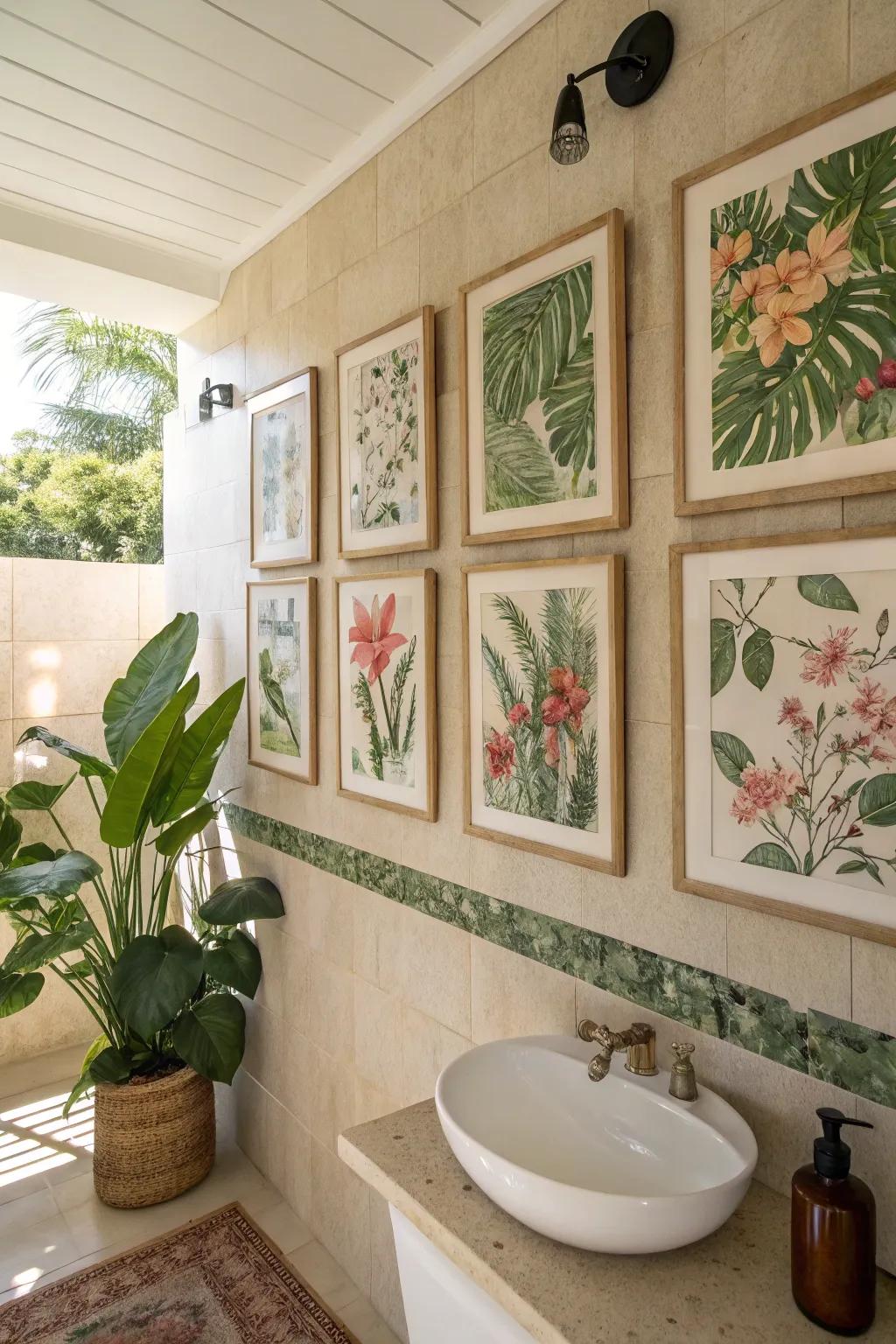 A bathroom decorated with plant-inspired prints that bring in a touch of nature and calmness.
