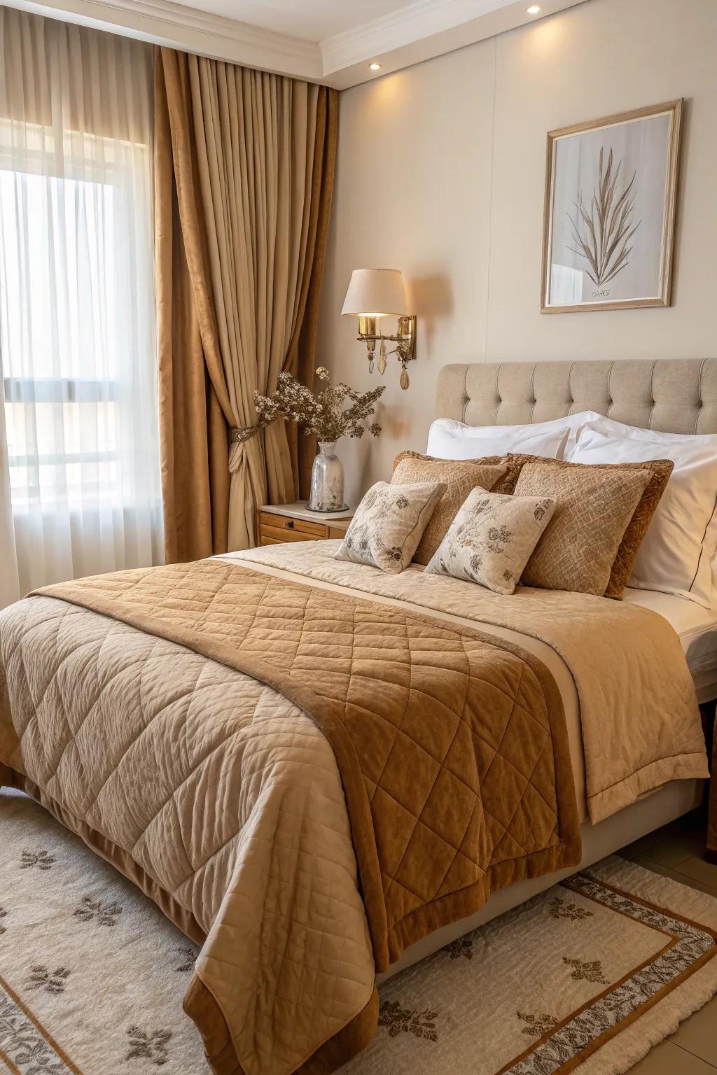 A comfortable bed featuring gentle toffee bed linens.