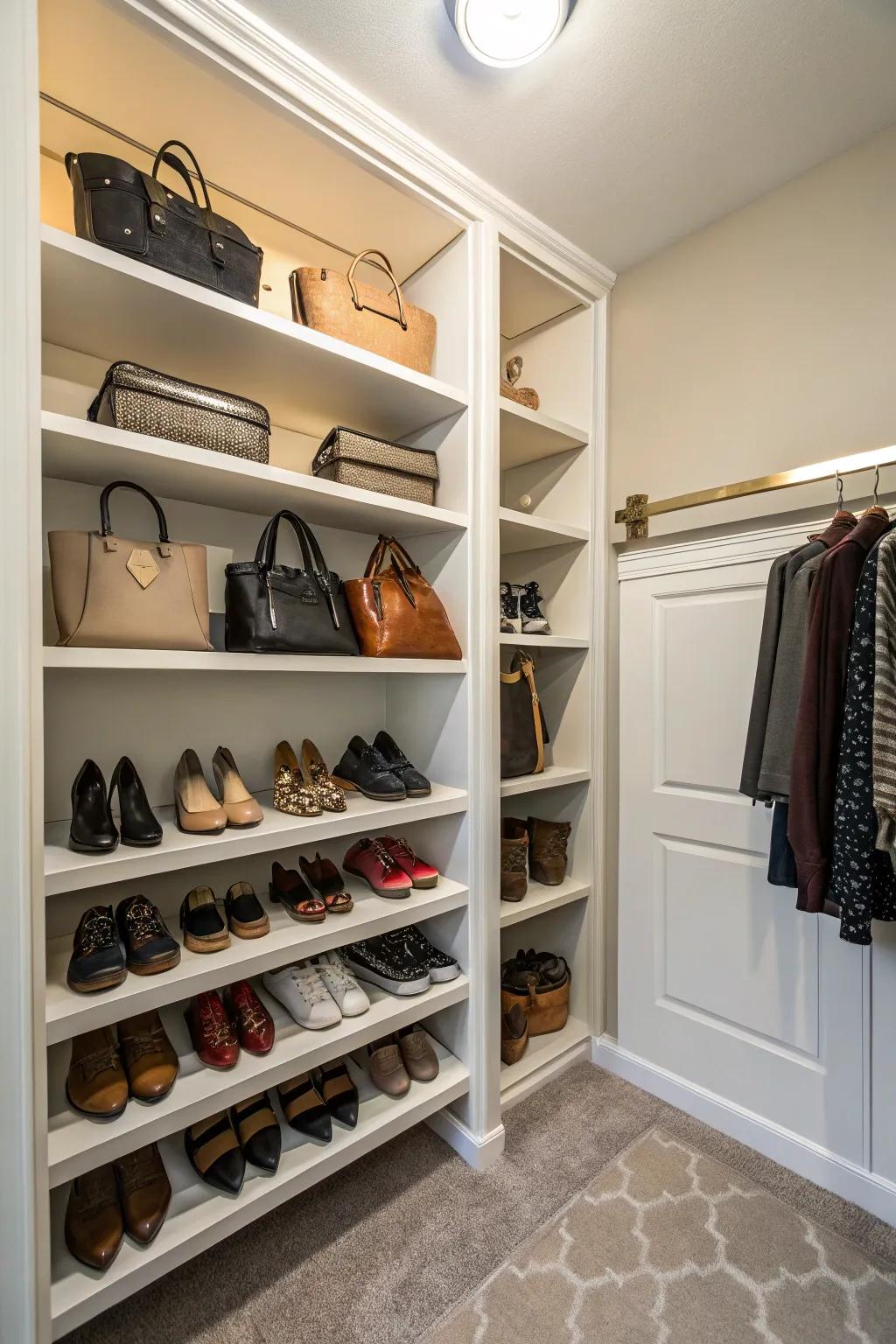 Bridge shelves transform corners into useful display zones.