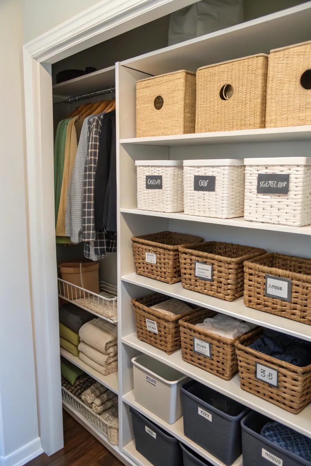 Baskets with labels help keep your wardrobe neat and organized.
