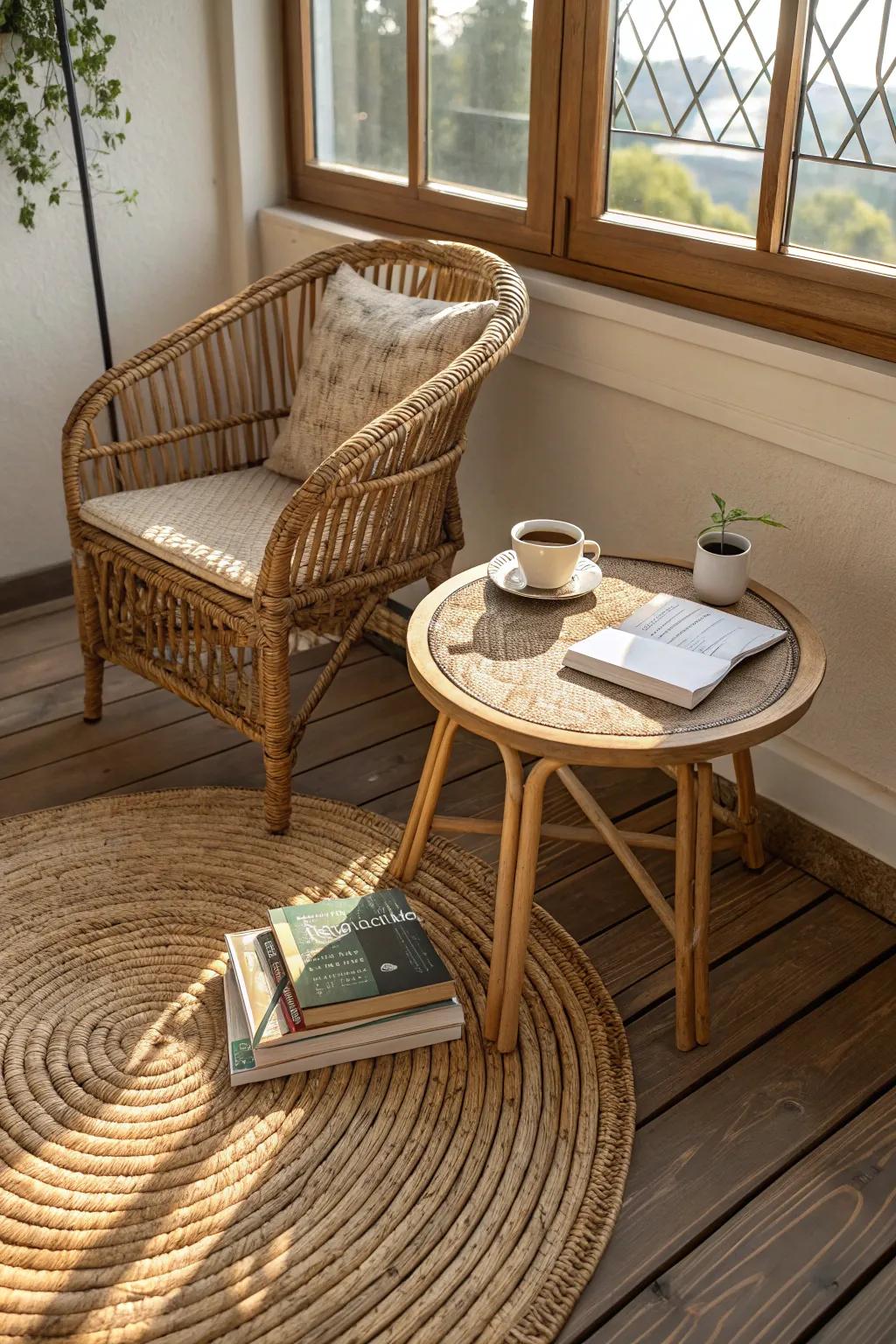 Natural components such as woven decor and timber establish a cozy, welcoming coastal ambiance.