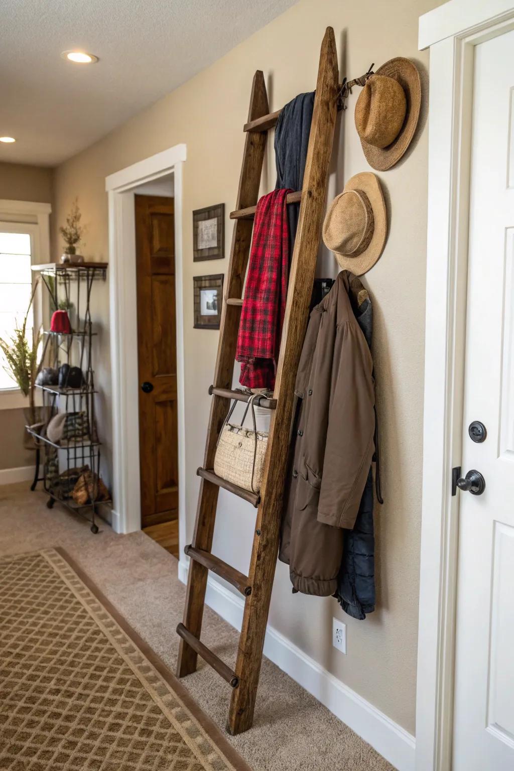 A repurposed wooden stepladder functioning as a distinctive coat rack in an inviting corridor.