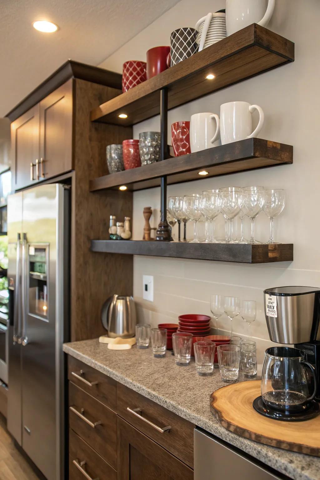 Floating display ledges offer practical storage with an elegant touch.