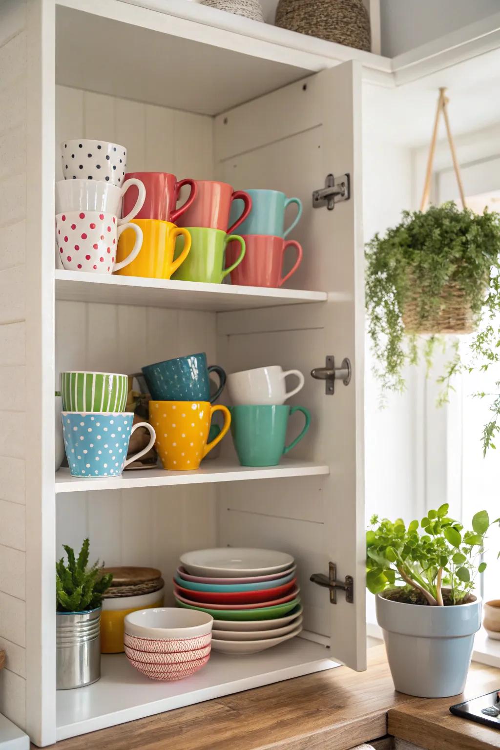 A collection of vibrant mugs displayed on open shelving.