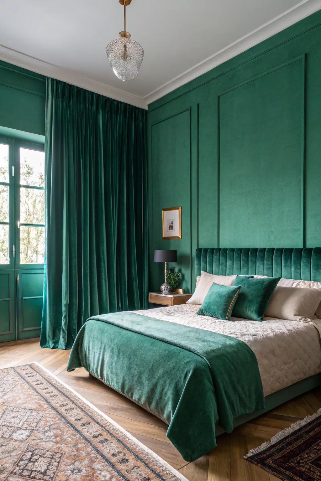 An intense emerald green saturation transforms the bedroom into a welcoming refuge.