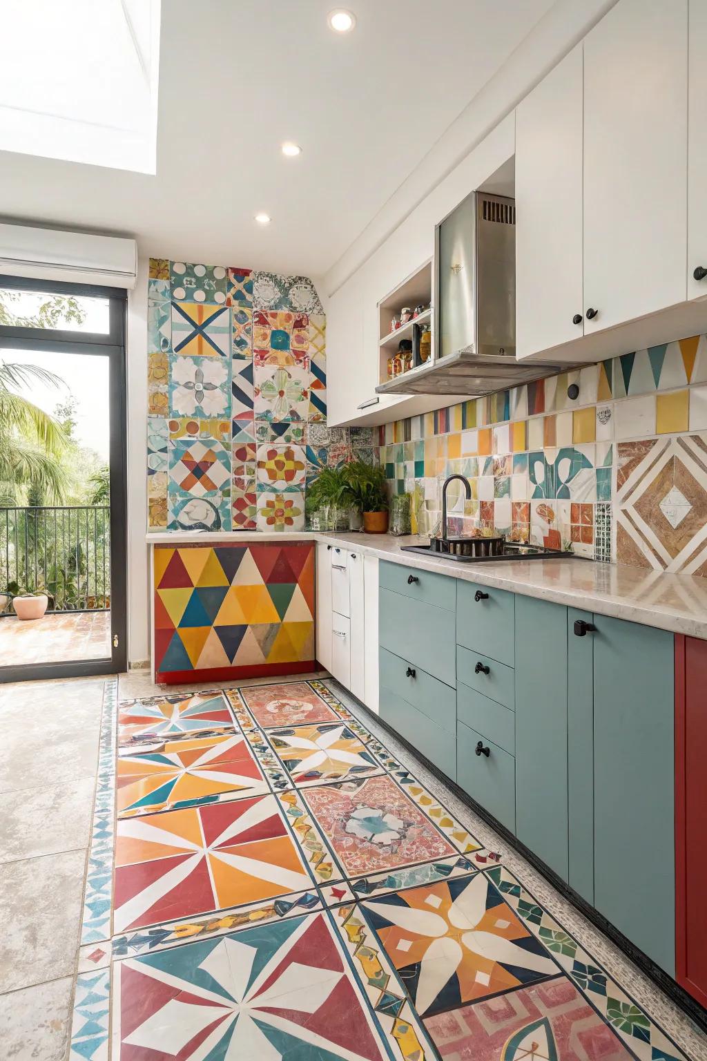 Geometric surface tiles introduce a playful and vibrant detail to the cooking area.