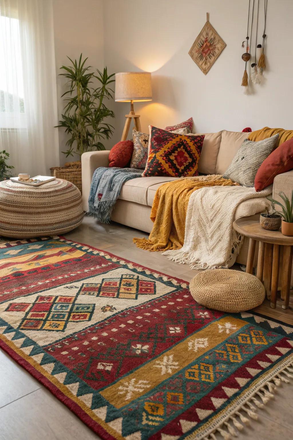Textural layers foster an inviting and snug atmosphere with a radiant kilim rug.
