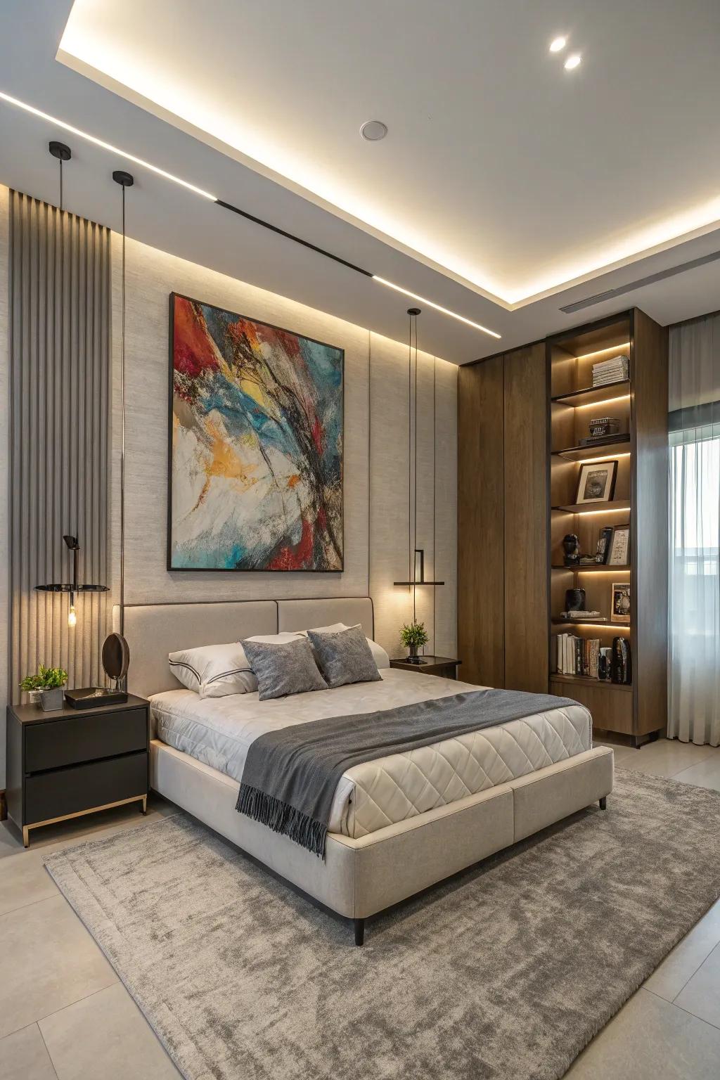Contemporary art injects a unique flair into this modern bedroom.