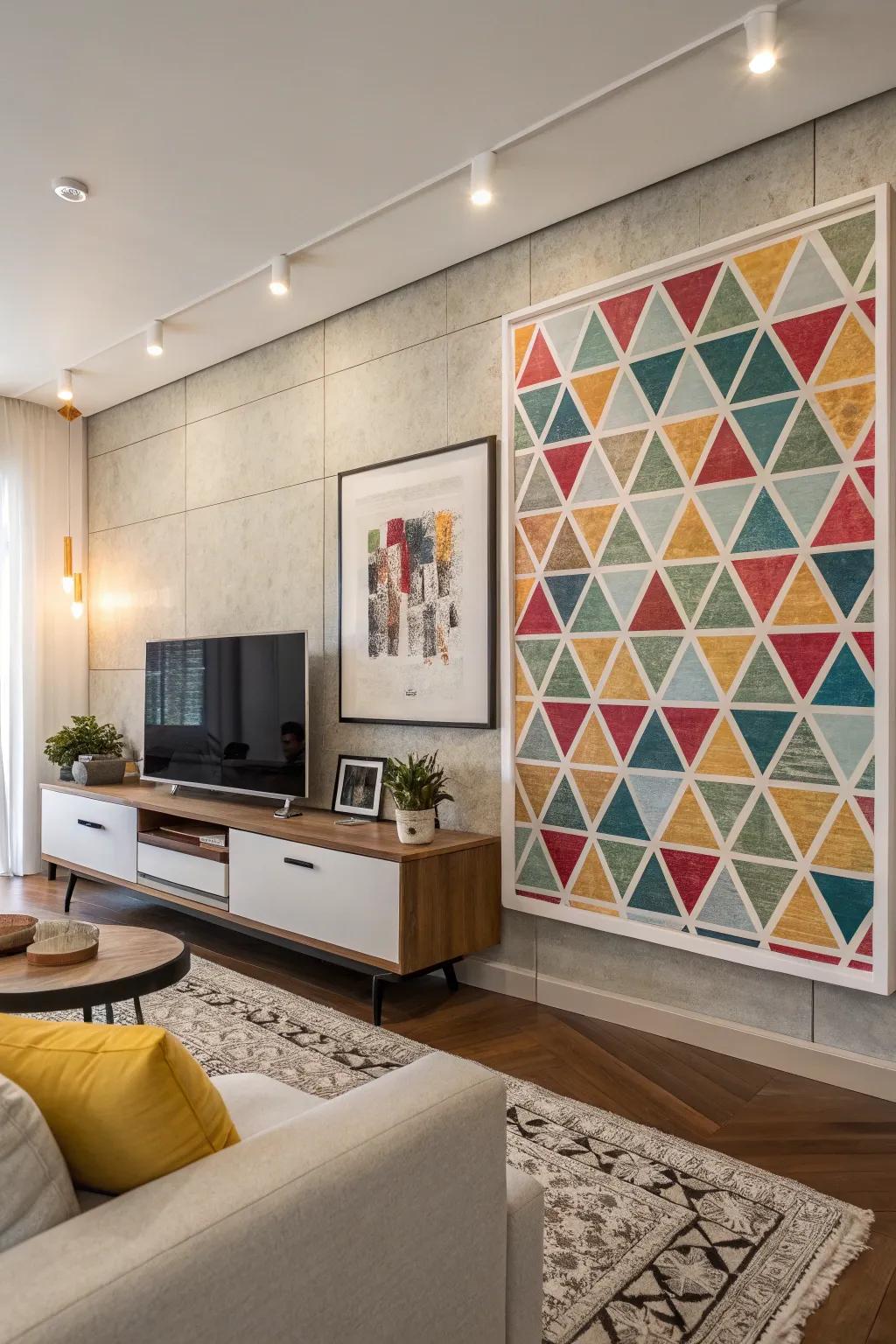 Geometric pattern poster adding a modern touch to a living room.