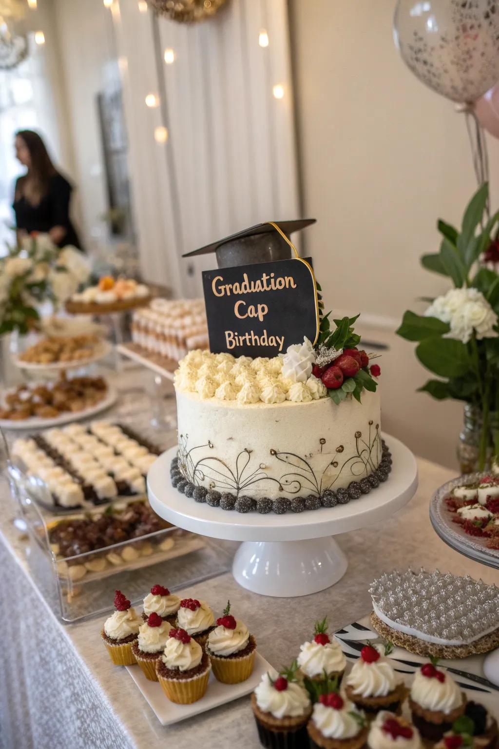 A beautifully designed cake celebrating both graduation and a birthday.