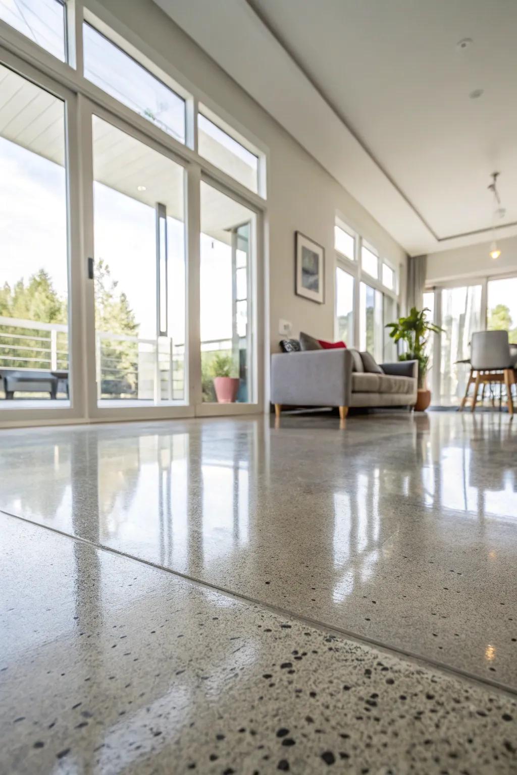 Polished concrete flooring reflecting natural light in a modern living room.