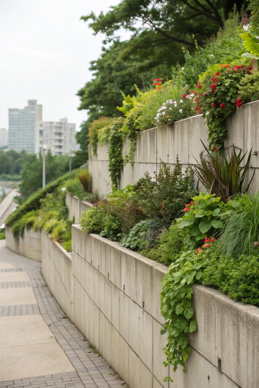 Integrated botanical holders convert retaining structures into verdant exhibits.