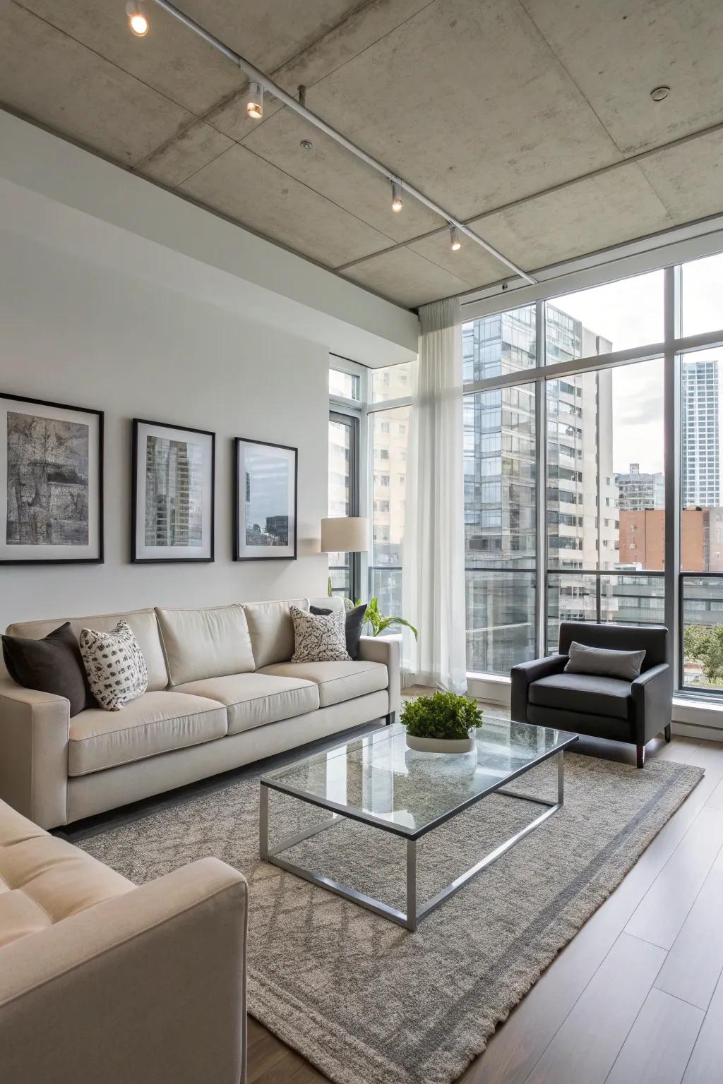 A modern condo living room showcasing sleek furniture and minimal decor.