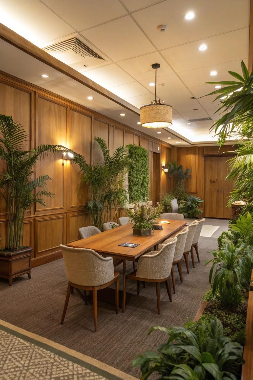 Organic accents cultivate a soothing atmosphere within a conference room.