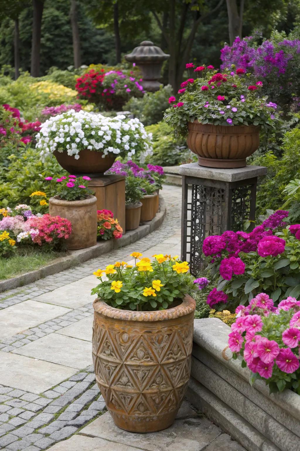 A garden featuring an assorted mix of container designs.