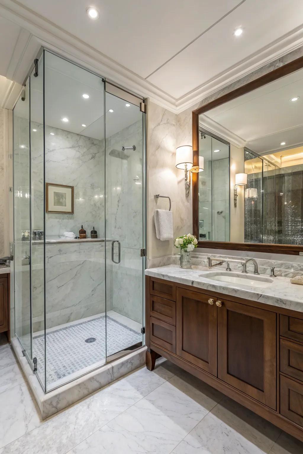 Bathroom showcasing contemporary materials like glass and marble.