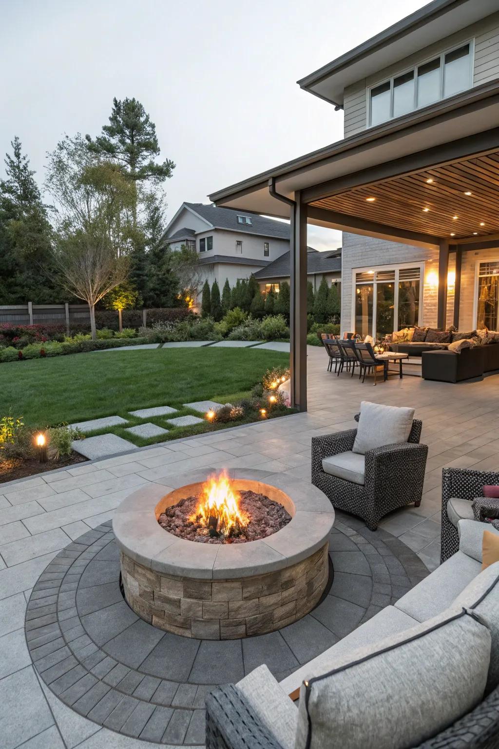 A welcoming fire pit serving as the focal point of a modern patio.