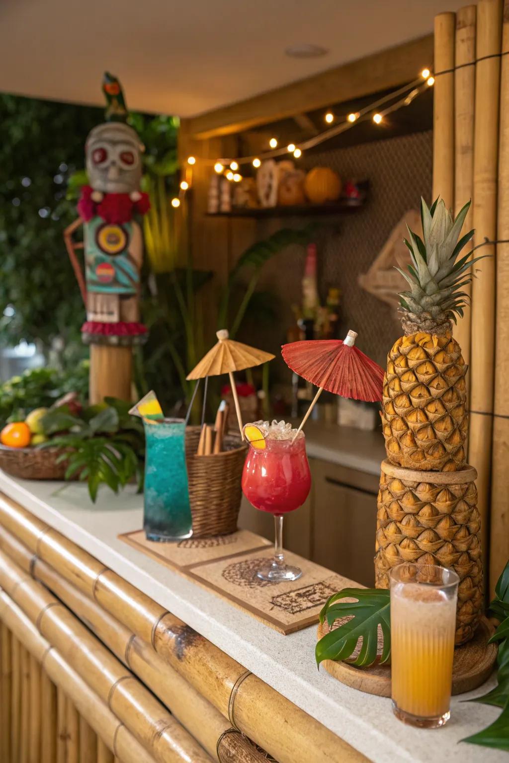 Bring the ambiance of the beach into your home with a tropical-themed bar.