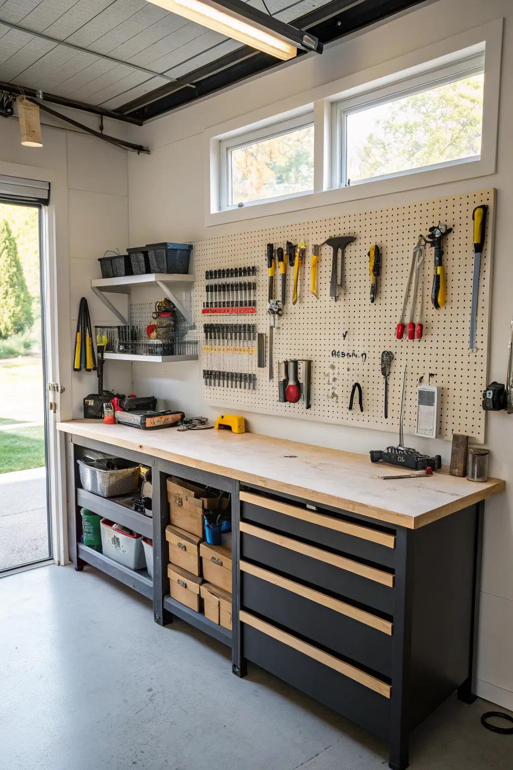 A creative workspace within a garage, complete with a workbench and organized tool storage.