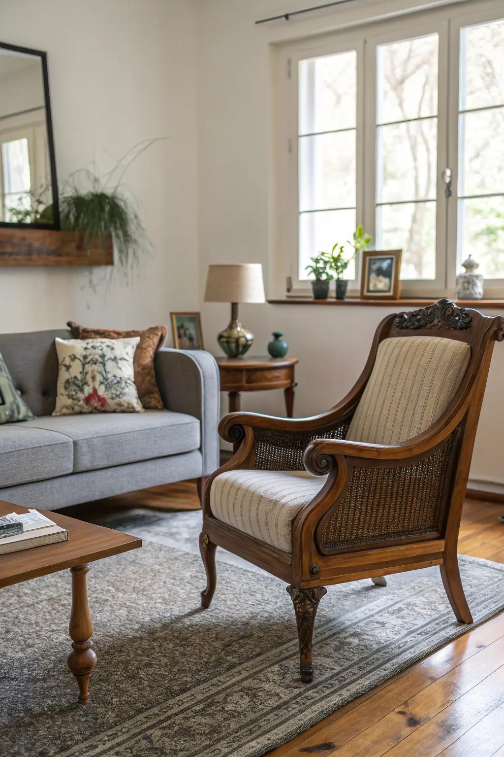 A meticulously arranged living space featuring a mix of vintage and modern furnishings.