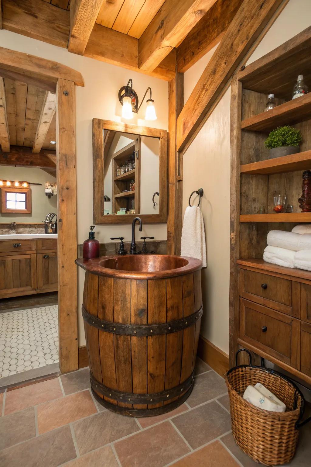 This bathroom is a perfect mix of rustic and modern, thanks to the copper barrel sink.