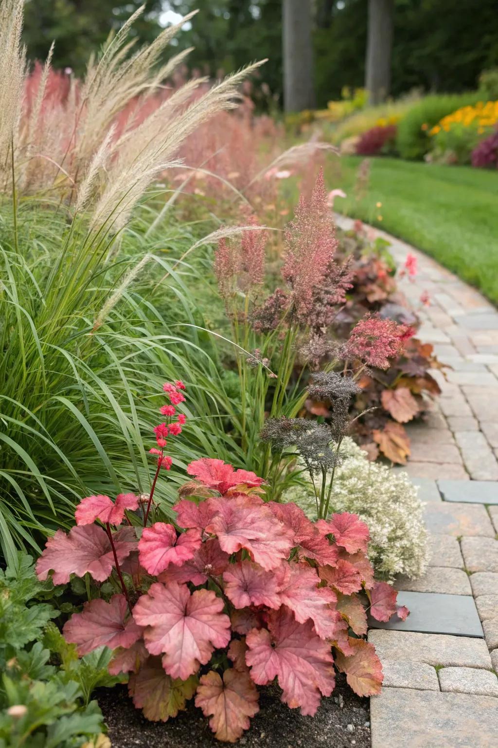The alliance of huecheras and ornamental grasses culminates in an energetic and visually appealing garden tableau.
