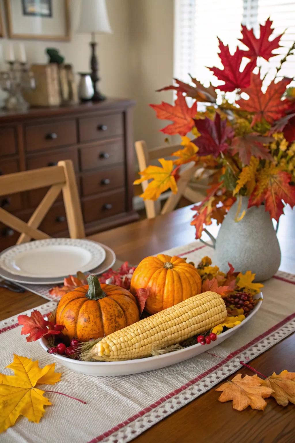 A lively autumnal table centerpiece featuring field maize and cucurbits.