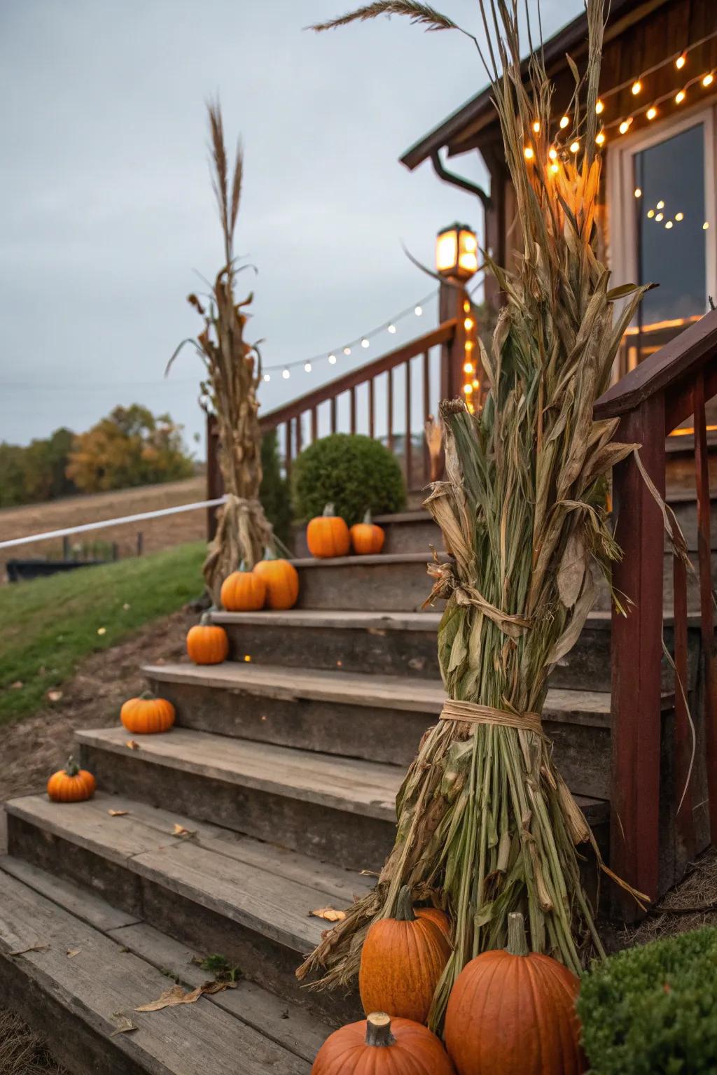 Country-style bundles of corn stalks contribute depth and stature to your embellishments.
