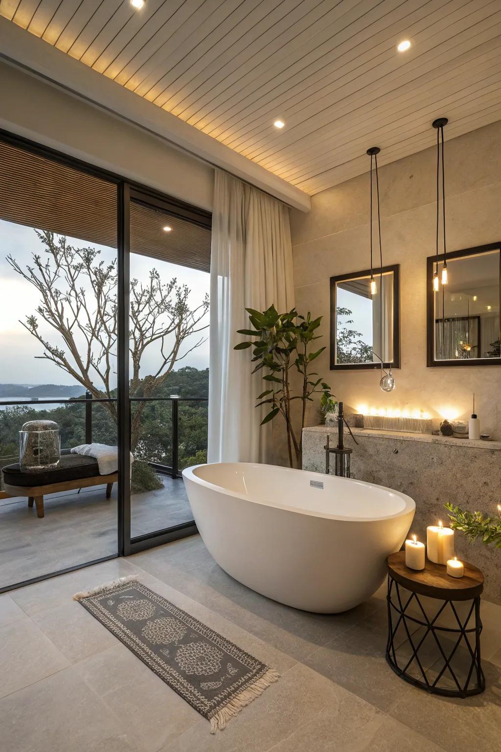 A corner bathtub brings a sense of luxury to small bathrooms.