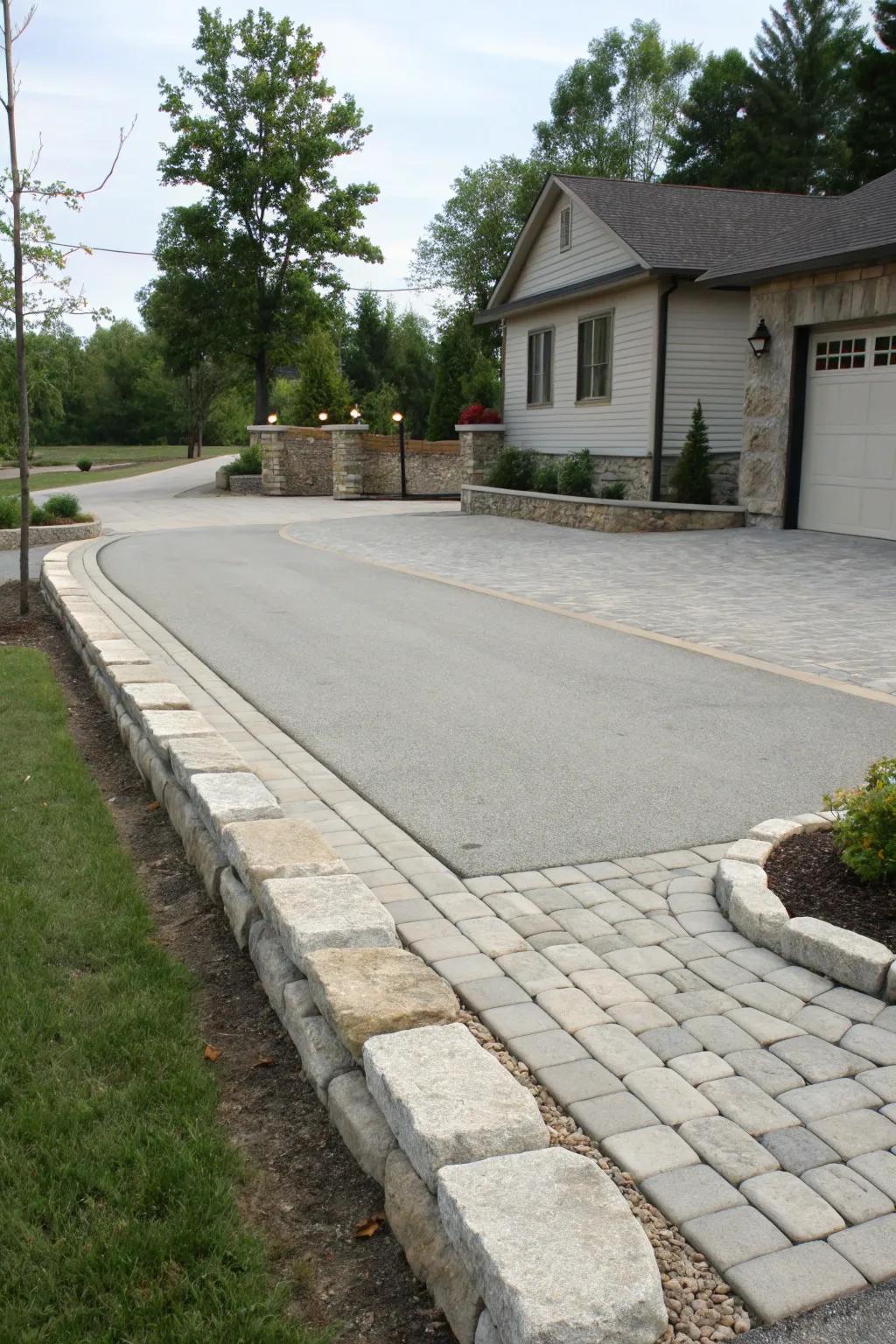 Elegant stone borders beautifully framing a driveway corner.