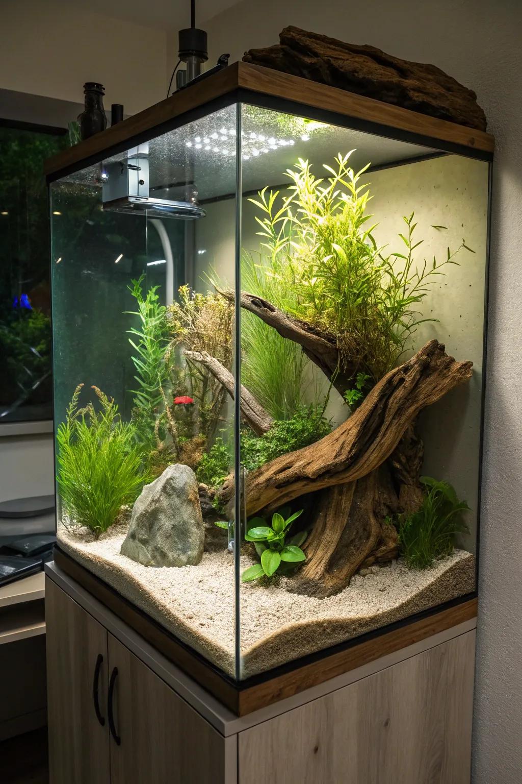 Natural touches like aquatic roots and flora crafting a serene marine atmosphere.