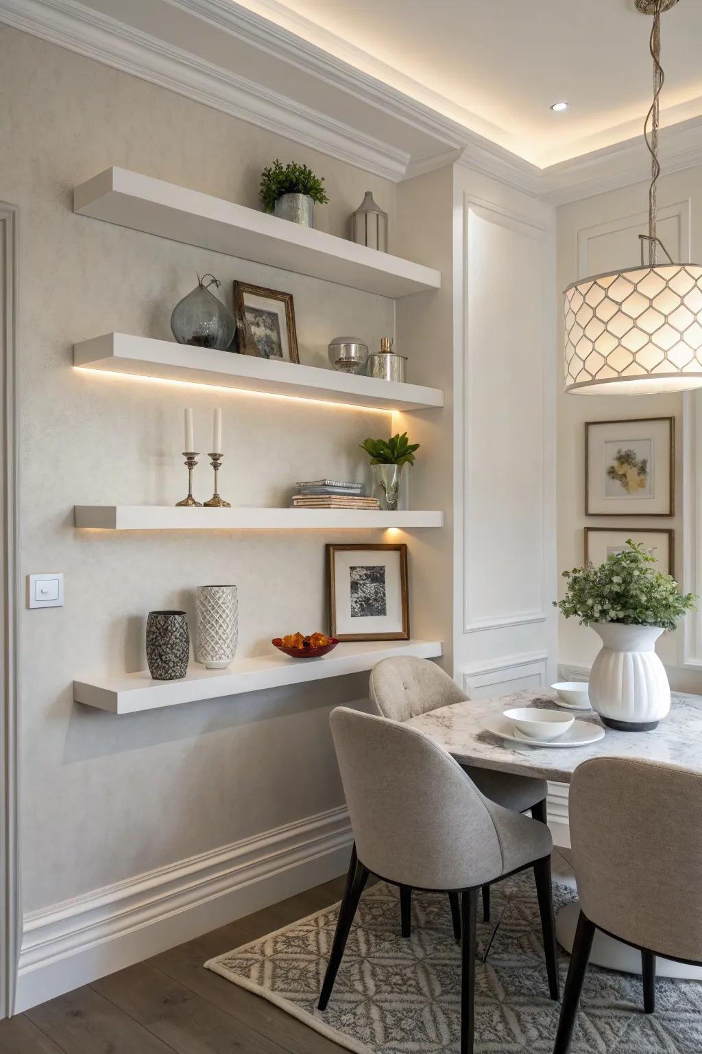 Floating shelves provide a polished and contemporary feel to your dining space.