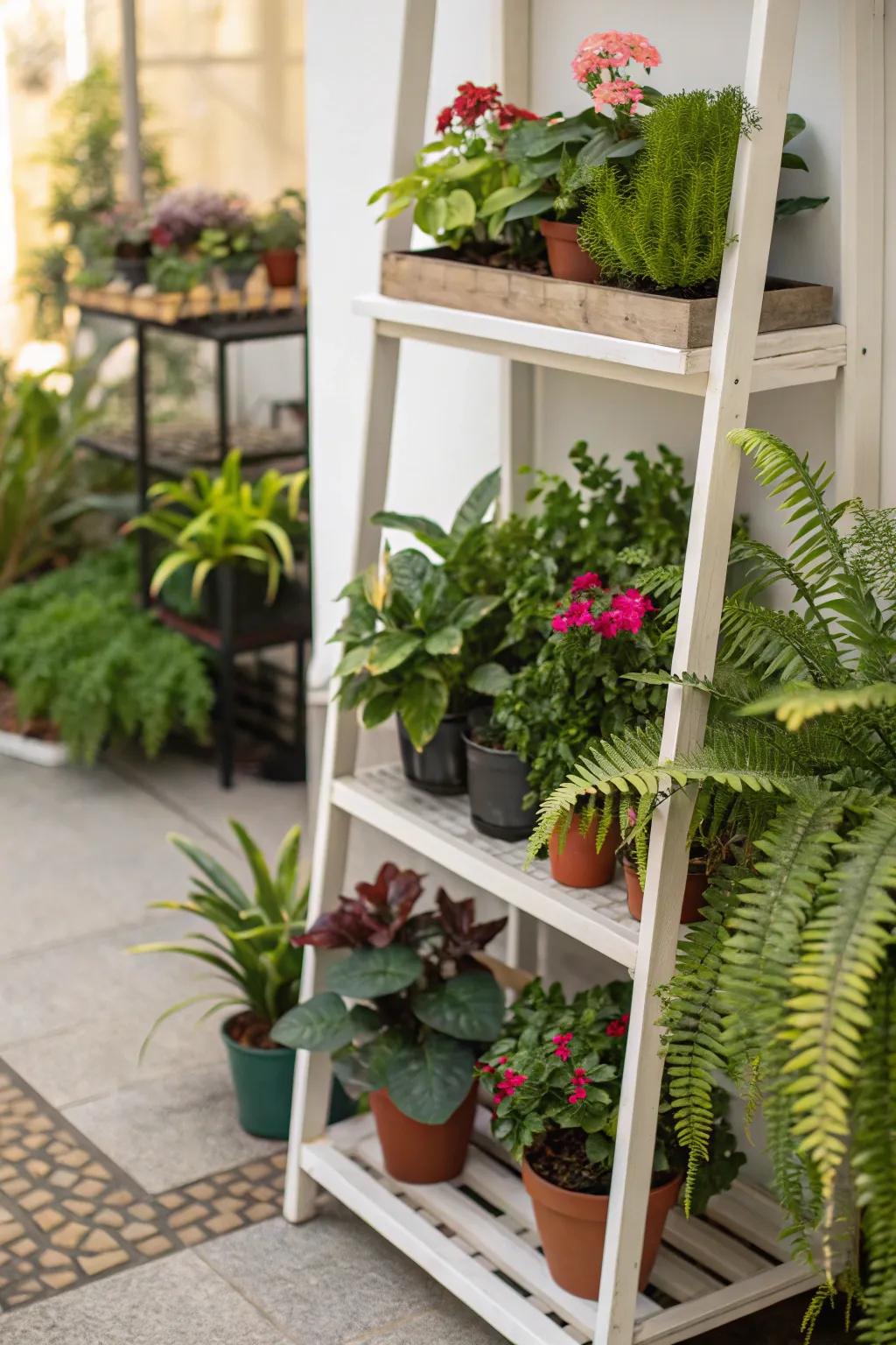 A corner shelf overflowing with potted plants.