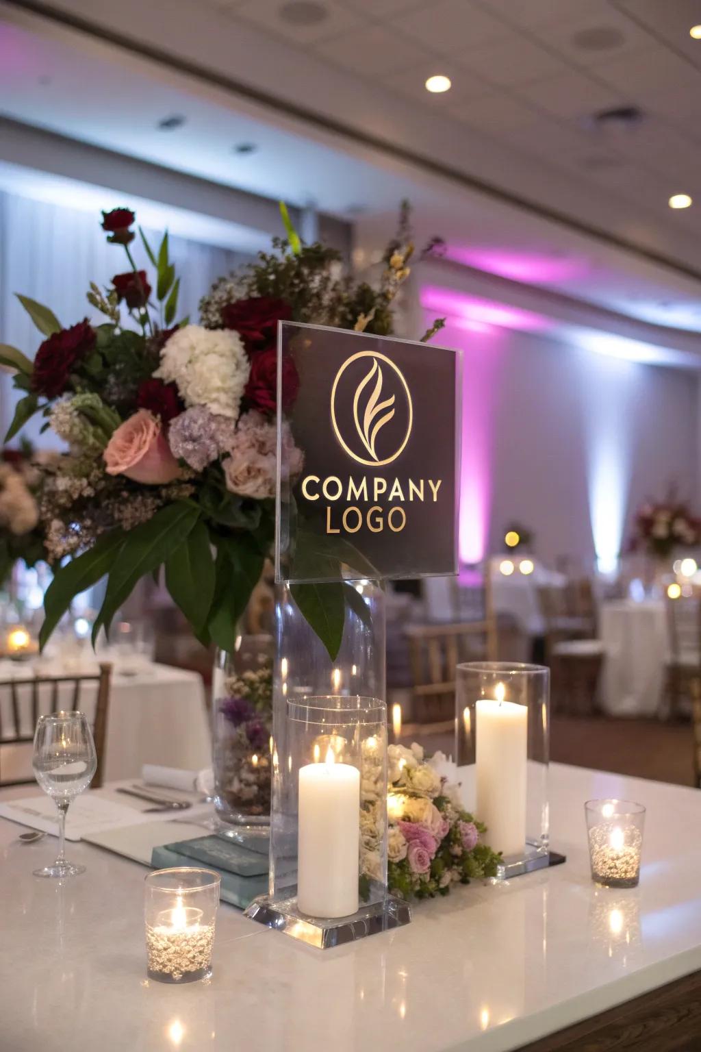 Corporate centerpiece showcasing a personalized detail with a business's emblem.