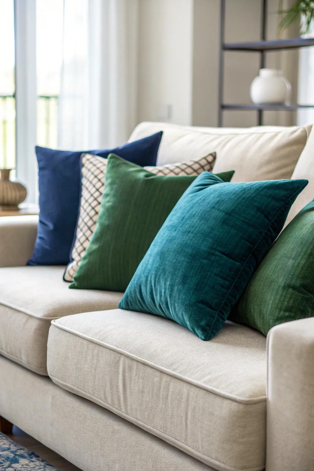 Harmoniously colored cushions yield a unified design.