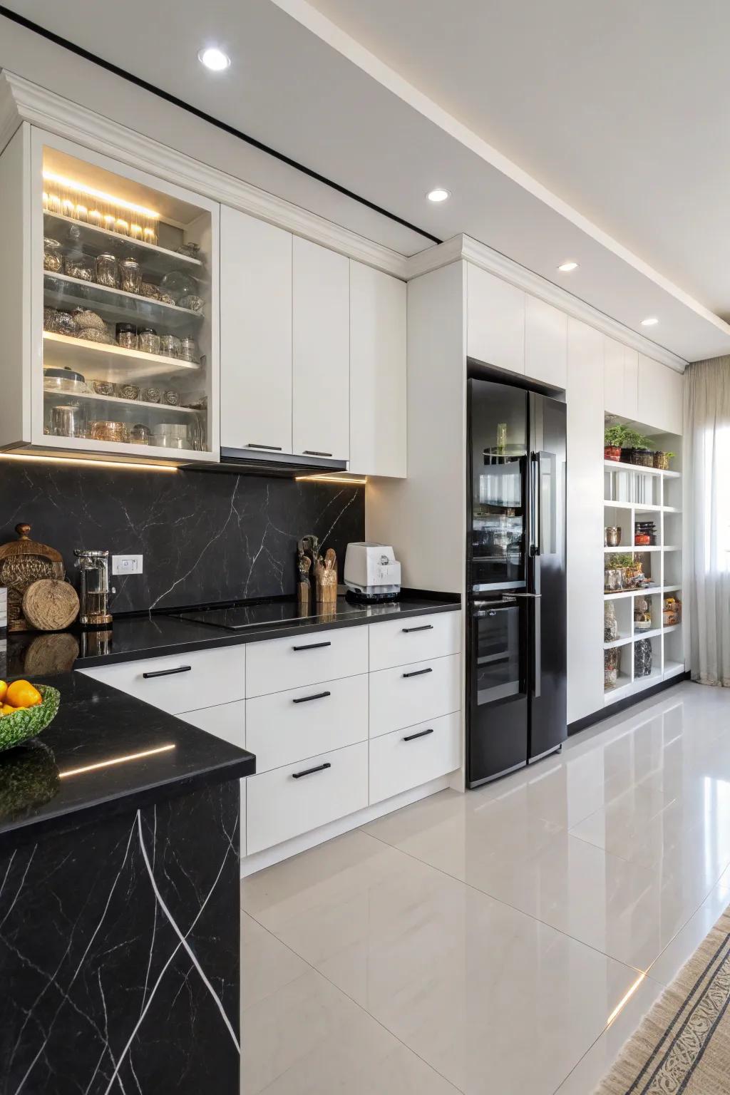 Striking black countertops paired with contrasting white end treatments for a sensational appearance.