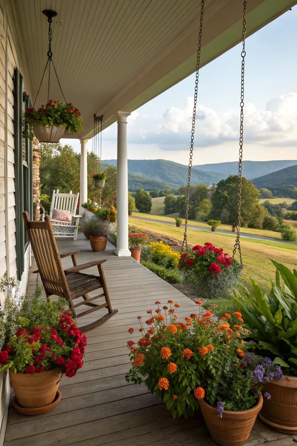 An energetic display of planted greenery adding life to a farmhouse porch.