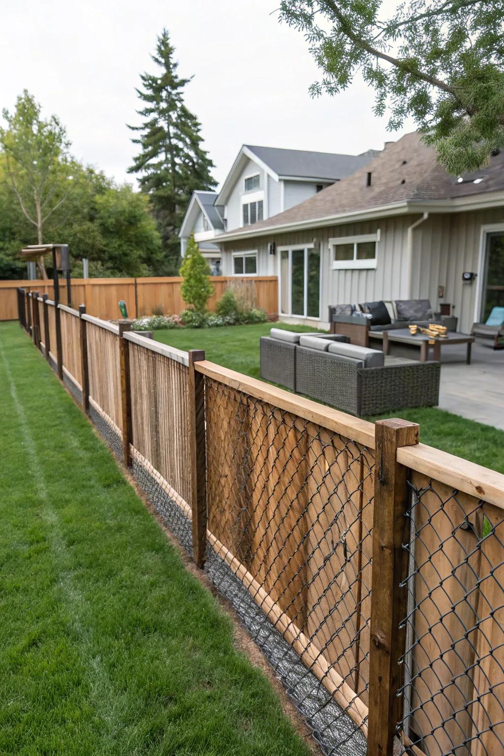 Upright planks and chain link sections present a polished, fashionable spin on traditional fencing.